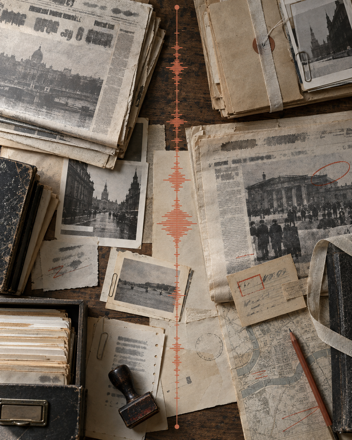Historic newspaper archives crossed by a modern audio waveform
